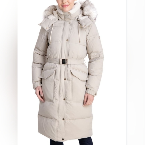 NWT $400 Michael Michael Kors Faux Fur Hooded Puffer Coat Down Sand Beige XL - Picture 1 of 9
